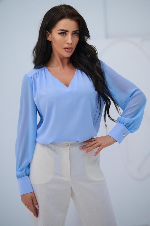 Elegancka bluzka damska z szyfonowym długim rękawem dekolt V mankiety z guzikiem - błękit